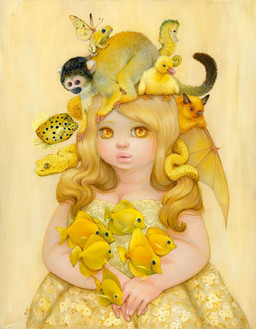 ambiguous_gender blonde_hair breasts cleavage clothed clothing double_lobe_lip double_lobe_lower_lip dress female feral floating fur group hair lips long_hair markings membrane_(anatomy) membranous_wings overweight overweight_female overweight_human pink_lips simple_background smile spots spotted_body surrealism tail thick_lips triple_lobe_upper_lip wings yellow_background yellow_body yellow_clothing yellow_dress camilla_d'errico amphibian anatid anseriform aquatic arthropod avian bat bird blackspotted_puffer butterfly duck fish frog haplorhine hog-nosed_snake human insect lepidopteran mammal monkey primate pufferfish reptile scalie snake tetraodontiform formal_art hi_res oil_painting_(artwork) painting_(artwork) portrait traditional_media_(artwork) traditional_painting_(artwork) warm_colors yellow_theme