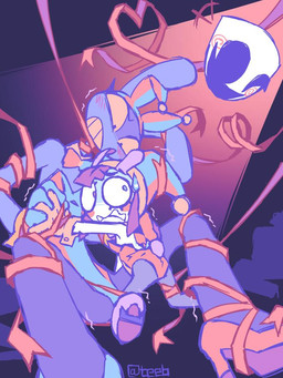 ambiguous_gender anthro blush bunny_costume clothing costume fake_ears fake_rabbit_ears female fool's_hat group hat headgear headwear male mask nervous restrained trio teebsly glitch_productions the_amazing_digital_circus gangle_(tadc) jax_(tadc) pomni_(tadc) animate_inanimate human humanoid lagomorph leporid living_mask mammal rabbit