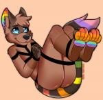 4_toes anthro bdsm blue_eyes blush bondage bound brown_body brown_fur butt feet femboy foot_fetish foot_focus fur hands_tied hindpaw male pawpads paws rainbow solo super_gay toes artiskarushi dakotasoftpaw mammal procyonid raccoon