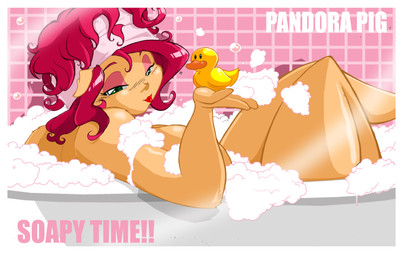 bath bathtub big_breasts blush breasts female green_eyes hair looking_at_viewer makeup nude overweight overweight_female partially_submerged red_hair rubber_duck slightly_chubby solo water shonuff pandora_pig domestic_pig mammal suid suine sus_(pig) absurd_res hi_res