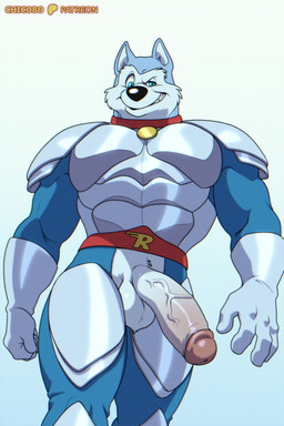 abs anthro armor balls big_penis black_nose blue_body blue_eyes blue_fur blue_penis breastplate clothed clothing collar fist front_view fur genitals glans gloves grey_clothing grey_gloves grey_handwear grin half-erect handwear humanoid_genitalia humanoid_penis looking_at_viewer male muscular muscular_male pantsless pecs penis pink_glans pupils red_collar sharp_teeth smile solo teeth thick_penis vein veiny_penis white_balls white_body white_fur white_inner_ear white_penis chicobo road_rovers exile_(road_rovers) canid canine canis domestic_dog husky mammal nordic_sled_dog spitz 2025 2:3 hi_res