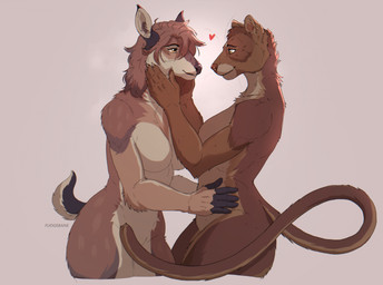 anthro arm_tuft breasts brown_body brown_fur claws convenient_censorship curled_tail duo ear_piercing elbow_tuft eye_contact featureless_breasts female female/female finger_claws fingerless_(marking) fur hair heart_symbol holding_partner looking_at_another piercing romantic romantic_couple scut_tail short_tail simple_background spots tail text tuft white_background yellow_eyes fudgebane deer euplerid fossa mammal 2026 artist_name hi_res
