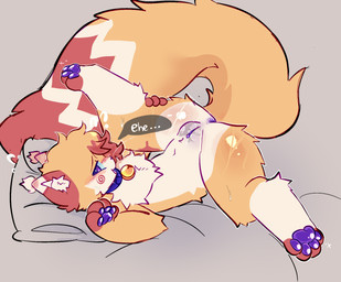 anthro anus ass_up bedding bell bell_collar big_tail blanket bodily_fluids collar dialogue ears_up female fluffy fluffy_ears fluffy_hair fluffy_tail fluid-body fluid_on_face fur genital_fluids genitals giggle hair huge_tail inner_ear_fluff looking_at_viewer lying multicolored_body multicolored_fur neck_tuft on_back pawpads paws pillow pupils purple_anus purple_eyes purple_insides purple_pawpads purple_pupils purple_vulva raised_leg shy side_eye simple_background smile smiling_at_viewer solo sparkles speech_bubble swirl_pattern tail text tuft unusual_insides vaginal vaginal_fluids vulva straww straw_(straww) felid feline mammal hi_res