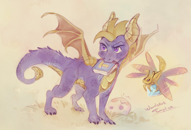belly bone_frill book claws duo egg feral frill_(anatomy) gem horn male membrane_(anatomy) membranous_wings purple_body purple_eyes purple_scales scales simple_background text toony wings yellow_belly yellow_horn wanderertamplior activision european_mythology mythology spyro_the_dragon sparx spyro arthropod dragon dragonfly insect mythological_creature mythological_scalie scalie western_dragon 2026 artist_name colored digital_drawing_(artwork) digital_media_(artwork) hi_res