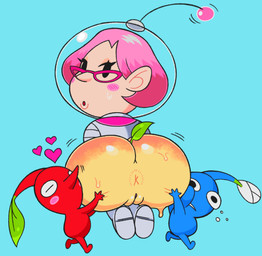 ambiguous_gender anus black_eyes blue_background blue_body blush blush_lines bodily_fluids bottomless carrying_another clothed clothing eyelashes eyes_closed eyewear female genitals glasses grey_clothing group hair heart_symbol holding_another humanoid_pointy_ears larger_female leaf looking_at_viewer looking_back looking_back_at_viewer open_mouth pink_hair plant pointy_ears rear_view red_body simple_background size_difference spacesuit sweat sweatdrop trio vulva wide_hips cam_(artist) nintendo pikmin brittany_(pikmin) elemental_creature elemental_humanoid flora_fauna humanoid koppaite_(pikmin) pikmin_(species) plant_humanoid absurd_res hi_res