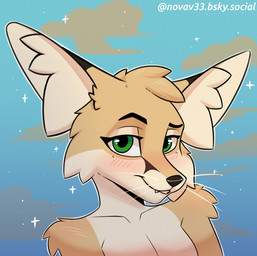 anthro black_nose blush blush_lines clenched_teeth cloud cute_fangs ear_fur ear_markings fangs femboy fur green_eyes inner_ear_fluff looking_at_viewer male markings nude outline sky smile snout solo star starry_sky tan_body tan_fur teeth tuft whiskers novav33 avery_(suheugene) canid canine fennec_fox fox mammal true_fox 2025 absurd_res hi_res watermark