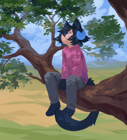 black_body black_ears black_fur black_hair blue_eyes blue_horn bottomwear clothed clothing female fur glistening glistening_eyes grey_bottomwear grey_clothing grey_pants hair hoodie horn light_body light_skin mouth_closed outside pants pink_clothing pink_hoodie pink_topwear plant short_hair sitting solo three-quarter_view topwear tree unsigned corzh77 animal_humanoid cat_humanoid felid felid_humanoid feline feline_humanoid humanoid mammal mammal_humanoid absurd_res full-length_portrait hi_res portrait