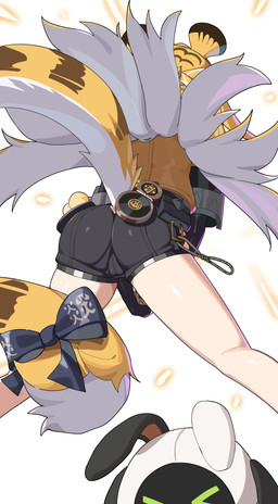 accessory animal_ears attack bent_legs bent_over black_bottomwear black_clothing black_shorts blonde_hair bottomwear butt clothing female furgonomics hair jacket long_hair markings rear_view ribbons shorts simple_background sparkles striped_hair striped_markings striped_tail stripes tail tail_accessory tail_markings tail_ribbon topwear two_tone_tail white_background white_hair yellow_clothing yellow_jacket_(clothing) yellow_topwear wak_kun mihoyo zenless_zone_zero ju_fufu animal_humanoid bangboo felid felid_humanoid humanoid mammal mammal_humanoid pantherine pantherine_humanoid thiren tiger_humanoid absurd_res hi_res