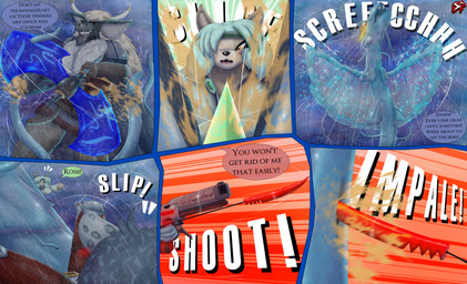 accessory ahoge amber_eyes anthro axe bangs barefoot battle battle_axe bayonet belt belt_buckle black_body black_fur black_nose blonde_hair blood blood_splatter blue_body blue_hair blue_scales bodily_fluids bottomwear brown_bottomwear brown_clothing brown_pants buckle chest_tuft clenched_teeth clothing cloud colored_blood colored_nails countershade_face countershade_torso countershading crystal dialogue ear_piercing ear_ring electricity emanata emerald_(gem) eye_markings eye_scar facial_scar fantasy feet female feral fight fin fluffy fluffy_chest flying freckles fur furgonomics gem gloves grappling_hook green_hair grey_body grey_fur gun hair handgun handwear headband highlights_(coloring) holding_axe holding_battle_axe holding_gun holding_handgun holding_melee_weapon holding_object holding_pistol holding_ranged_weapon holding_sword holding_weapon horn horn_accessory hornband impalement inner_ear_fluff insignia knee_pads knife lightning long_hair machine_pistol magic male markings mature_male melee_weapon motion_lines muscular muscular_male nails neck_tuft night object_in_mouth pants piercing pistol raining ranged_weapon red_bottomwear red_clothing red_hair red_pants red_shirt red_topwear ring_piercing roaring scales scar shirt short_hair shoulder_pads sky slipping sparkles spots spotted_markings stab swinging_weapon sword talking_to_another tan_body tan_fur teeth tendrils text thunderstorm topwear tuft unusual_blood unusual_bodily_fluids weapon wheat wheat_in_mouth wings yellow_blood yellow_eyes stylish_apollo heart_of_the_lands ithaca_juneia roseland_mingwei xander_dorwin bovid bovine canid canine canis clouded_leopard coyote felid mammal pantherine scalie sea_monster sea_serpent true_buffalo water_buffalo comic english_text hi_res story story_in_description