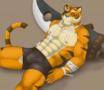abs anthro bandage biceps big_muscles blue_nose body_markings brown_fur bulge claws clothing eyes_closed eyewear feline fur hair kraidhiel lying male mammal markings muscles nipples on_back pecs pose shorts solo stripes sword tan_fur tiger toned topless warrior weapon
Rating: Safe
Score: 2
User: mj
Date: January 14, 2014