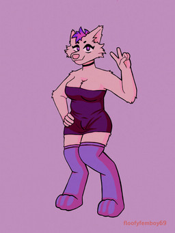 anthro bulge choker clothed clothed_gynomorph clothed_intersex clothing digitigrade floofyfemboy69 gesture gynomorph hair hand_gesture hand_on_hip hand_on_own_hip intersex jewelry legwear necklace purple_eyes purple_hair solo standing stockings v_sign canid canine mammal 3:4 absurd_res full-length_portrait hi_res portrait trans_(lore) trans_woman_(lore)