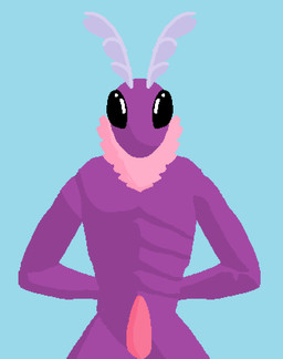 anthro compound_eyes genitals hands_behind_back kneeling male neck_tuft nude penis presenting presenting_penis solo tuft rdwdpn pinemoth arthropod insect lepidopteran moth hi_res
