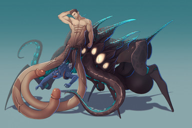 anthro balls big_balls duo genitals huge_balls humanoid_genitalia humanoid_penis hyper hyper_balls hyper_genitalia male male/male male_taur multi_eye muscular nightmare_fuel not_furry penis tentacles unbirthing unusual_anatomy vaginal vore what helaviskrew canid canine human hybrid mammal monster taur hi_res