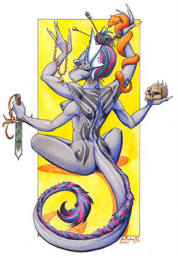 4_arms accessory anthro biped bone breasts claws dagger ear_piercing facial_markings female hair_accessory hairpin head_markings jewelry markings melee_weapon multi_arm multi_limb necklace nipple_piercing nipples non-mammal_breasts non-mammal_nipples nude piercing side_boob sitting skull solo tail tattoo weapon lizardbeth mythology inix deity deva dragon mythological_creature mythological_scalie reptile scalie snake
