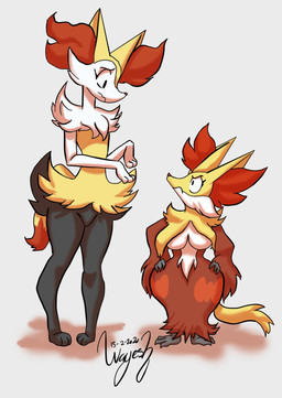 ambiguous_gender angry anthro biped breasts comparing digitigrade duo feet female frown fur handpaw hands_on_hips inner_ear_fluff nude paws shortstack simple_background size_difference toes tuft white_background white_body white_fur wide_hips worried yellow_body yellow_fur wayesh nintendo pokemon braixen canid canine delphox generation_6_pokemon mammal pokemon_(species) 2020 hi_res
