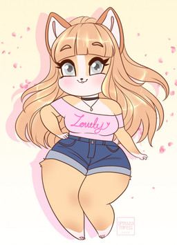 anthro blue_bottomwear blue_clothing blue_pants bottomwear chibi choker clothed clothing eyelashes female front_view glistening glistening_eyes grey_eyes hair jewelry long_hair looking_at_viewer necklace orange_body orange_hair pants pink_clothing pink_topwear solo topwear white_body wide_hips tiggybloom canid canine canis domestic_dog mammal 2019 hi_res