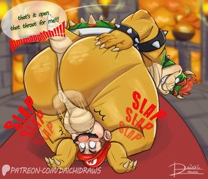 anthro anthro_penetrating anthro_penetrating_human anus armband balls balls_deep big_butt blurred_background butt cheek_bulge chokehold contact_onomatopoeia deep_throat dialogue dirty_talk dominant duo eye_roll face_fucking forced forced_oral genitals glistening glistening_butt hair hand_on_butt headlock human_on_anthro human_penetrated impact_onomatopoeia interspecies irrumatio larger_dom looking_back male male/male male_penetrated male_penetrating male_penetrating_male motion_blur onomatopoeia oral oral_penetration overweight_top penetration penile penile_penetration penis_in_mouth puffy_anus red_hair sagging_butt scales sex shell size_difference sound_effects spiked_armband spiked_shell spikes spikes_(anatomy) text thick_thighs thrusting yellow_body yellow_scales daichi_akimichi mario_bros nintendo bowser mario human koopa mammal scalie 2024 english_text hi_res