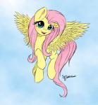 cloud feathered_wings feathers female feral flying fur hair long_hair looking_at_viewer open_mouth outside pink_hair sky skyscape solo teal_eyes wings yellow_body yellow_feathers yellow_fur altohearts friendship_is_magic hasbro my_little_pony mythology fluttershy_(mlp) equid equine mammal mythological_creature mythological_equine pegasus 2014