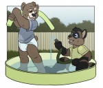 ageplay anthro clean_diaper clothed clothing diaper duo holding_hose holding_object holding_pool_noodle holding_pool_toy hose infantilism male outside partially_submerged pool_noodle pool_toy roleplay shirt sitting_in_water sky smile standing standing_in_water swimming_pool tail topwear water wearing_diaper wet wet_clothing wet_shirt wet_topwear young young_anthro moose_bmd bear mammal procyonid raccoon