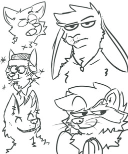 anthro cheek_tuft chest_tuft clothing ear_piercing ear_ring ears_down eyebrows facial_markings facial_tuft grin hat head_markings headgear headwear looking_aside male markings mask_(marking) narrowed_eyes open_mouth piercing pivoted_ears ring_piercing smile smirk solo sparkles tongue tuft unsigned whiskers pache_riggs 5:6 bust_portrait hi_res monochrome portrait sketch_page