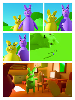 5_panel_comic ambiguous_gender anthro barefoot bouncing buckteeth chair computer computer_mouse copyright_notice electronics feet furniture gesture grass green_body group hill keyboard plant purple_body smile sound_effects teeth trio yellow_body baybayfriend grassy_valley lagomorph leporid mammal rabbit 2025 3:4 3d_(artwork) comic digital_media_(artwork) hi_res signature