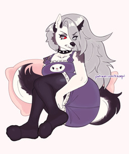 angry anthro blush clothing collar cosplay female fur hair pillow red_sclera simple_background solo white_body white_fur kikoepi hellaverse helluva_boss mythology onegai_my_melody sanrio kuromi loona_(helluva_boss) canid canid_demon canine demon hellhound mammal mythological_canine mythological_creature
