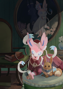 ambiguous_gender black_body blue_eyes book bow_(anatomy) brown_body brown_eyes brown_fur clothed clothed_feral clothing duo female feral flower fur lying markings on_front paws pink_body pink_fur plant pupils red_eyes ribbons_(anatomy) ring_(marking) sitting tail white_pupils chufflepop nintendo pokemon eevee eeveelution generation_1_pokemon generation_2_pokemon generation_6_pokemon pokemon_(species) sylveon umbreon 2026 hi_res