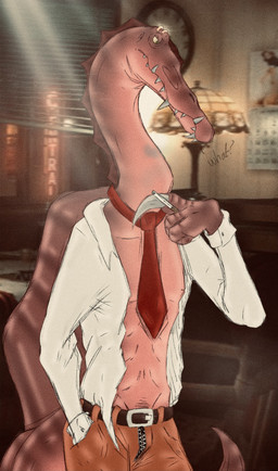 abs belt bottomwear bulge claws clothed clothing eyebrow_piercing facial_piercing grumpy larger_male looking_at_another male necktie open_clothing open_shirt open_topwear pants piercing pubes scales sharp_teeth shirt size_difference smoke smoke_from_nose solo tail tail_motion tailwag teeth topwear amiethespino19 dinosaur prehistoric_species reptile scalie spinosaurid spinosaurus theropod hi_res