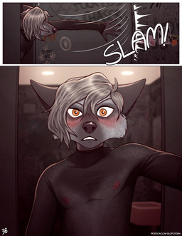 angry anthro bathroom blush clothing confusion door graffiti graffiti_on_wall looking_at_viewer male nipples opening_door public public_restroom restroom_stall solo sound_effects translucent translucent_clothing translucent_topwear glopossum casper_(glopossum) canid canine fox mammal red_fox silver_fox true_fox 2025 comic digital_media_(artwork) hi_res trans_(lore) trans_man_(lore)