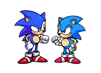 anthro black_eyes blue_body clothing duo eye_contact footwear gesture gloves hand_gesture handwear looking_at_another male pointing pointing_at_self red_clothing red_footwear red_shoes shoes simple_background white_background white_clothing white_gloves white_handwear guywiththepie classic_sonic_(universe) sega sonic_the_hedgehog_(series) classic_sonic sonic_the_hedgehog eulipotyphlan european_hedgehog hedgehog mammal 2021