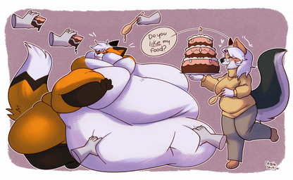 anthro belly belly_expansion belly_overhang birthday_cake black_body black_fur blob_body breasts brown_body brown_fur cake cake_slice clothing cutlery dessert double_chin duo expansion eyewear fat_rolls female floating_hands food force_feeding forced fur glasses hair joyful kitchen_utensils male male/female obese obese_anthro obese_female obese_male orange_body orange_fur overweight overweight_anthro overweight_female overweight_male reluctant spoon sweater tools topwear turtleneck weight_gain white_body white_fur white_hair beetleskull ruby_renardrouge canid canine fox mammal marble_fox red_fox true_fox absurd_res hi_res