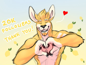 anthro arm_markings black_nose eyes_closed food front_view fruit fur gesture gradient_background grin hair heart_gesture lemon male male_anthro markings nude plant short_hair shoulder_markings simple_background smile solo white_body white_fur yellow_body yellow_fur solaxe_(artist) solaxe kangaroo macropod mammal marsupial 4:3 bust_portrait hi_res portrait