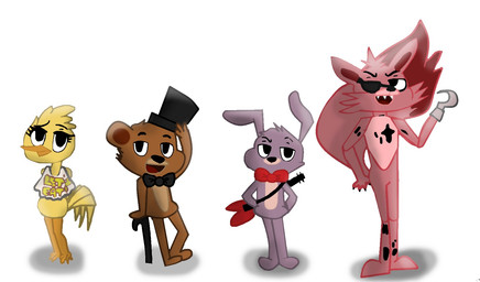anthro female group machine male simple_background white_background crazy-matroskin55 five_nights_at_freddy's scottgames bonnie_(fnaf) chica_(fnaf) foxy_(fnaf) freddy_(fnaf) animatronic avian bear bird canid canine chicken fox galliform lagomorph leporid mammal phasianid rabbit robot hi_res source_request unavailable_at_source