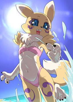 3_fingers 3_toes anthro barefoot beach bikini black_claws black_sclera blue_eyes blue_sky butt butt_from_the_front claws clothing daww day feet female finger_claws fingers fur fur_tuft loli midriff multicolored_ears navel pink_bikini pink_clothing pink_swimwear pink_tongue seaside sky solo sun swimwear tail teeth toe_claws toes tongue tuft two-piece_swimsuit two_tone_ears two_tone_tail white_body white_ears white_fur white_tail yellow_body yellow_ears yellow_fur yellow_tail young young_anthro daigaijin bandai_namco digimon kidrena canid digimon_(species) mammal renamon 2021 hi_res