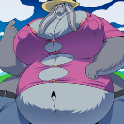 anthro areola areola_slip beckoning belly belt big_belly big_breasts bottomwear breasts clothing cloud collared_shirt denim denim_bottomwear denim_clothing dress_shirt female fur gesture grey_body grey_fur hat headgear headwear huge_belly huge_breasts jeans lips navel nipple_outline overweight overweight_anthro overweight_female pants purple_eyes shirt sky solo straining_clothing straw_hat thick_bottom_lip thick_thighs topwear wide_hips bobert disney zootopia judy_hopps european_rabbit lagomorph leporid mammal oryctolagus rabbit 1:1 2019 digital_media_(artwork) hi_res