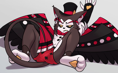 anthro bow_tie bulge clothed clothing fangs feet fingers fur hat headgear headwear looking_at_viewer lying male on_back simple_background solo spread_legs spreading tail teeth toes top_hat topless topless_anthro topless_male underwear wings thunderlewd hazbin_hotel hellaverse husk_(hazbin_hotel) domestic_cat felid feline felis mammal 16:10 digital_media_(artwork) hi_res widescreen