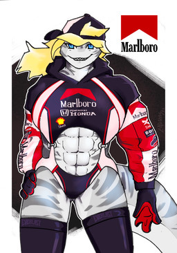 abs anthro big_breasts blonde_hair blue_eyes breasts clothing female hair hand_on_hip hoodie legwear looking_at_viewer muscular muscular_anthro muscular_female navel non-mammal_breasts non-mammal_navel sharp_teeth smile solo stockings streetwear stripes techwear teeth teeth_showing thick_thighs topwear carrus bad_dragon everlast honda hugo_boss_(brand) marlboro_(brand) shell_(company) aquatic fish requiem_shark shark tiger_shark absurd_res hi_res