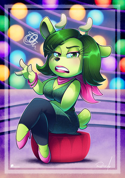 3_fingers alternate_species anthro big_breasts blush bottomwear breasts clothing dress female fingers footwear green_body green_clothing green_dress green_eyes green_hair hair high_heels horn kerchief looking_at_viewer neckerchief neckwear pants pink_clothing pink_footwear pink_high_heels shoes simple_background sitting solo tail vaporotem disney inside_out pixar disgust_(inside_out) koopsloops deer mammal 2025 digital_media_(artwork) hi_res
