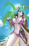 anthro beach bikini black_nose blue_eyes blue_hair blue_nipples breasts camel_toe clothing detailed_background female fur hair looking_at_viewer navel nipple_piercing nipple_slip nipples outside piercing plant sand seaside sky solo sun swimwear tree two-piece_swimsuit white_body white_fur wide_hips usagiwithglasses african_wild_dog canid canine mammal calypso_(disambiguation) 2015 hi_res