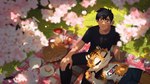 anthro basket bedding black_hair blanket bottomwear breasts brown_eyes cherry_blossom claws clothing container duo eyelashes eyes_closed female flower food fur grass hair head_on_lap lying male on_back on_lap orange_body orange_fur picnic plant prunus_(flower) sandwich_(food) scar shorts striped_body striped_fur stripes tree el-k aura_(drawligator) haruki_(drawligator) felid feline human mammal pantherine tiger 16:9 2025 widescreen