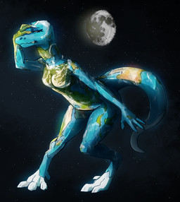 anthro anthrofied bent_over blue_body breasts earth_(planet) eyes_closed female hand_on_head headache moon non-mammal_breasts planet solo space standing conditional_dnp shido-tara reptile scalie snake hi_res