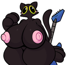 anthro areola big_breasts black_body black_eyes black_fur black_nose blush breasts electric_guitar female fur guitar huge_breasts mouthless musical_instrument nipples pink_nipples plucked_string_instrument simple_background solo string_instrument thick_thighs whiskers white_background yellow_sclera ekkokenight domestic_cat felid feline felis mammal 2022 hi_res