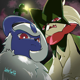 ambiguous_gender anthro black_nose blue_body duo feral flower_(anatomy) fur green_body green_fur horn jagged_mouth looking_at_viewer looking_down looking_down_at_viewer mask pink_eyes pink_nose red_eyes tongue tongue_out white_body white_fur wasawasa nintendo pokemon absol generation_3_pokemon generation_9_pokemon meowscarada pokemon_(species) 1:1 alternate_version_at_source hi_res
