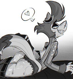anthro bed big_butt bodily_fluids bottomwear bottomwear_down bubble_butt butt butt_focus clothed clothing furniture glistening glistening_body glistening_butt lace_panties male on_bed panties pants pants_down partially_clothed solo sweat sweaty_butt sweaty_legs sweaty_thighs underwear himejoshimaster hellaverse helluva_boss chazwick_thurman aquatic fish shark hi_res