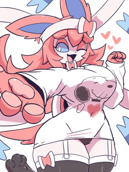 anthro blue_eyes bow_ribbon clothing female hair heart_symbol legwear looking_at_viewer one_eye_closed panties pawpads pink_hair pose shirt solo stockings topwear underwear wink winking_at_viewer oreon_smol nintendo peanuts_(comic) pokemon snoopy summer_(oreon_smol) eeveelution generation_6_pokemon pokemon_(species) sylveon absurd_res hi_res