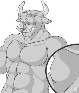 abs anthro bodily_fluids bottomwear clothed clothing cutaway duo facial_piercing front_view horn in_mouth male male/male male_anthro male_human male_pred male_prey muscular muscular_anthro muscular_male narrowed_eyes navel nose_piercing nose_ring nude on_tongue open_mouth oral_vore pants pecs piercing ring_piercing saliva saliva_string septum_piercing septum_ring shirt simple_background t-shirt tongue topwear uvula vore solaxe_(artist) bovid bovine cattle human mammal monochrome signature