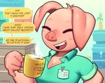 2022 anthro beverage breasts cleavage clothed clothing coffee dialogue domestic_pig english_text eyes_closed female lilmoonie mammal mug oinky_(lilmoonie) pink_body pink_skin prostitution shirt smile solo suid suina sus_(pig) text topwear unbuttoned_shirt