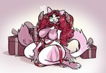 anthro big_breasts blush breasts exposed_breasts female fur gift_wrapped heart_nipples horn nipples small_waist smile solo tail thick_thighs white_body white_fur anonymous_artist rexa_(character) domestic_cat felid feline felis mammal absurd_res hi_res