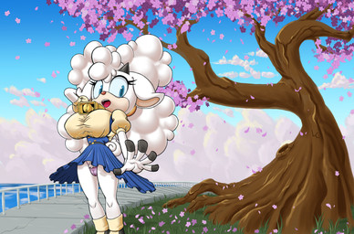 anthro bell bell_collar big_breasts blue_eyes breasts camel_toe cherry_blossom clothed clothing clothing_lift collar crotch_tuft dress dress_lift eyelashes female flower fluffy fluffy_tail head_tuft horn huge_breasts panties petals pink_clothing pink_panties pink_underwear plant prunus_(flower) sea solo standing tail tree tuft underwear upskirt water white_body fuzzycogs idw_publishing sega sonic_the_hedgehog_(comics) sonic_the_hedgehog_(idw) sonic_the_hedgehog_(series) lanolin_the_sheep_(sonic) bovid caprine mammal sheep absurd_res hi_res