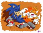 4_toes anthro barefoot big_eyes big_head black_nose clothing duo eyes_closed feet fur gloves handwear male smile soles toes toony white_body white_fur yellow_body yellow_fur sorcererlance sega sonic_the_hedgehog_(series) miles_prower sonic_the_hedgehog canid canine eulipotyphlan fox hedgehog mammal signature